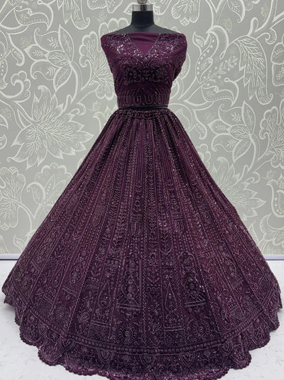 Monochrome Wine Sequins Embroidery Net Sangeet Wear Lehenga Choli