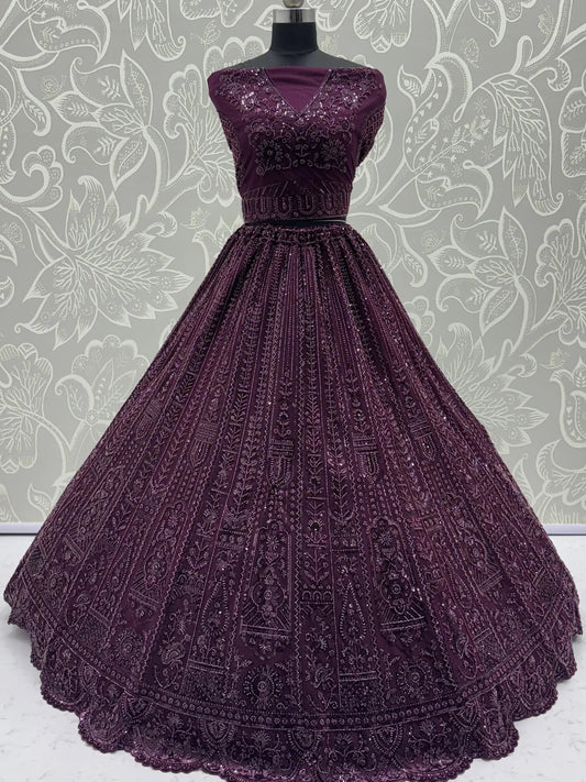 Monochrome Wine Sequins Embroidery Net Sangeet Wear Lehenga Choli