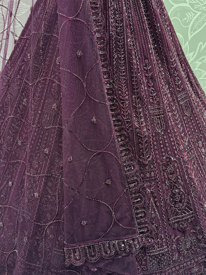 Monochrome Wine Sequins Embroidery Net Sangeet Wear Lehenga Choli