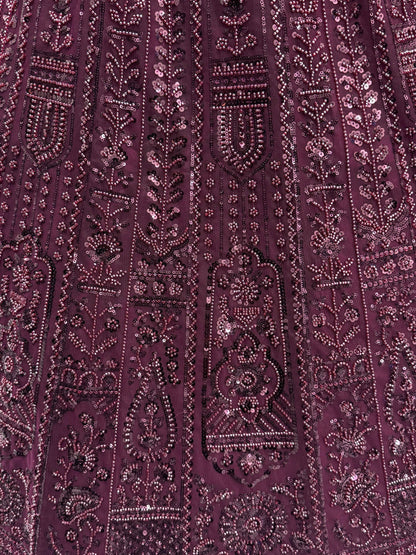 Monochrome Wine Sequins Embroidery Net Sangeet Wear Lehenga Choli