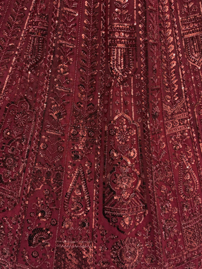 Stellar Maroon Thread Work Net Bridal Lehenga Choli With Dupatta