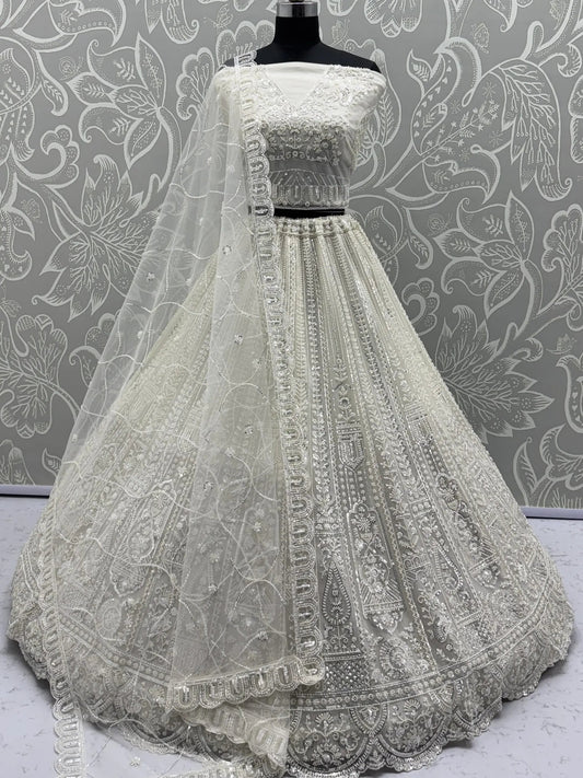 Gorgeous White Moti Work Net Engagement Wear Lehenga Choli With Dupatta