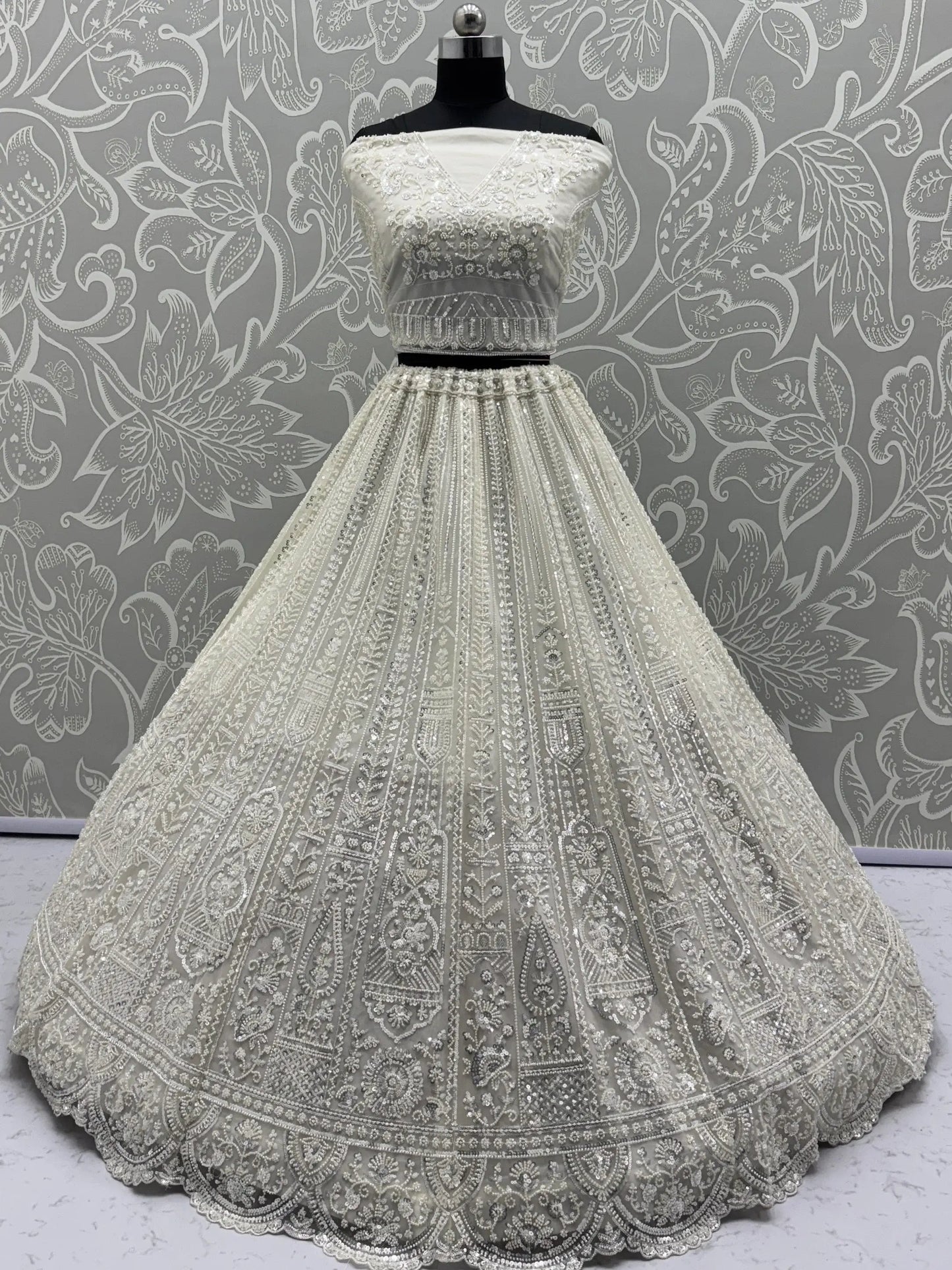 Gorgeous White Moti Work Net Engagement Wear Lehenga Choli With Dupatta