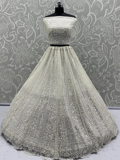 Gorgeous White Moti Work Net Engagement Wear Lehenga Choli With Dupatta
