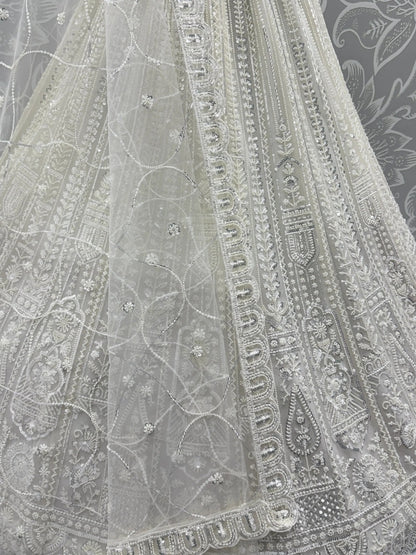 Gorgeous White Moti Work Net Engagement Wear Lehenga Choli With Dupatta