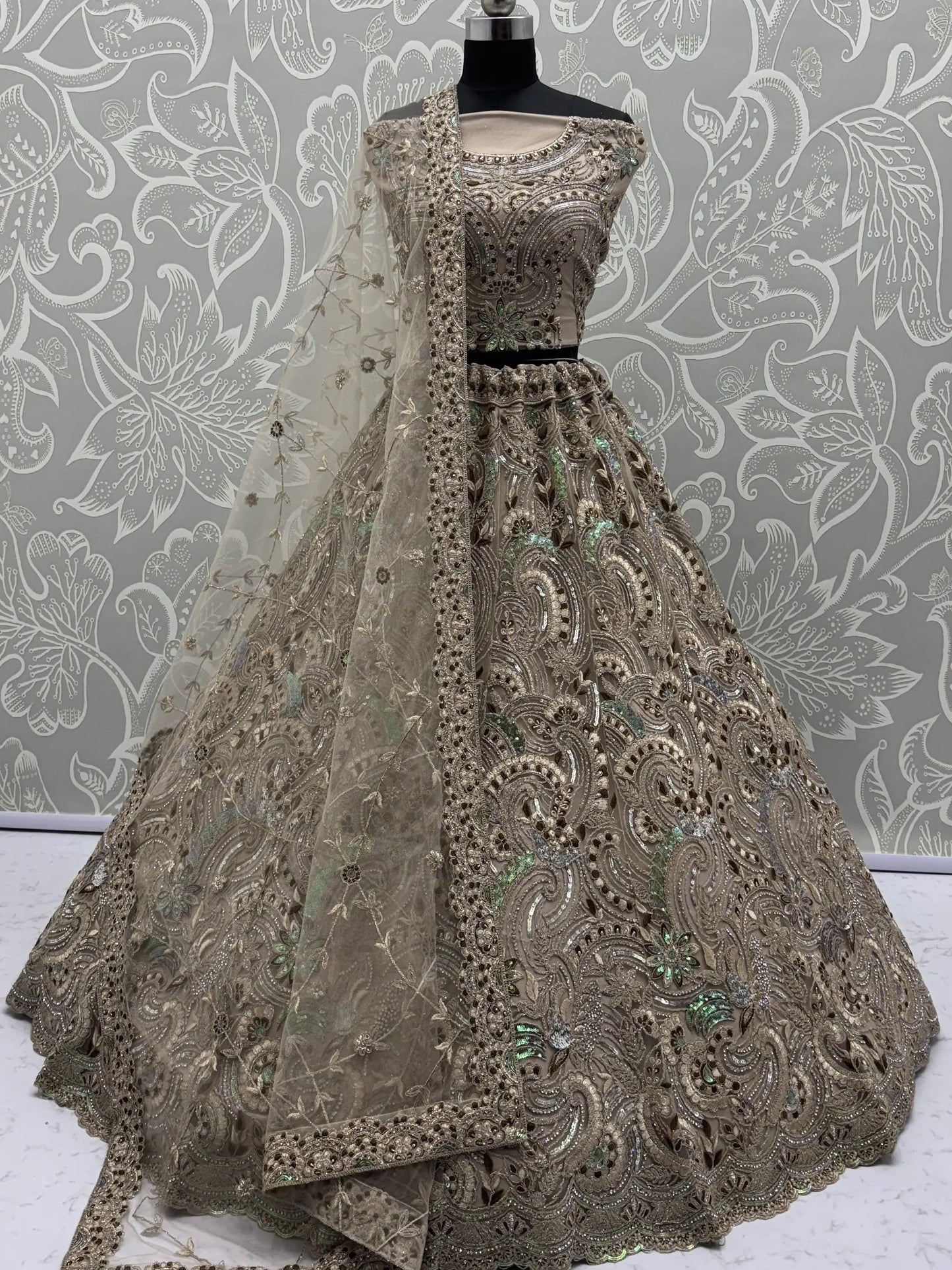 Sweet Beige Zircon Diamond Net Reception Wear Lehenga Choli With Dupatta