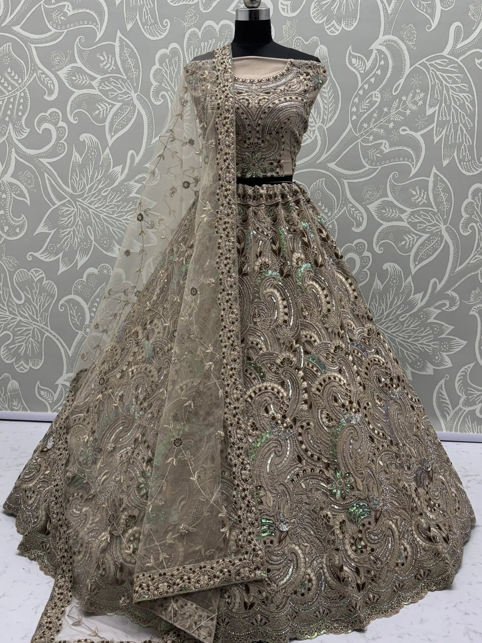 Sweet Beige Zircon Diamond Net Reception Wear Lehenga Choli With Dupatta
