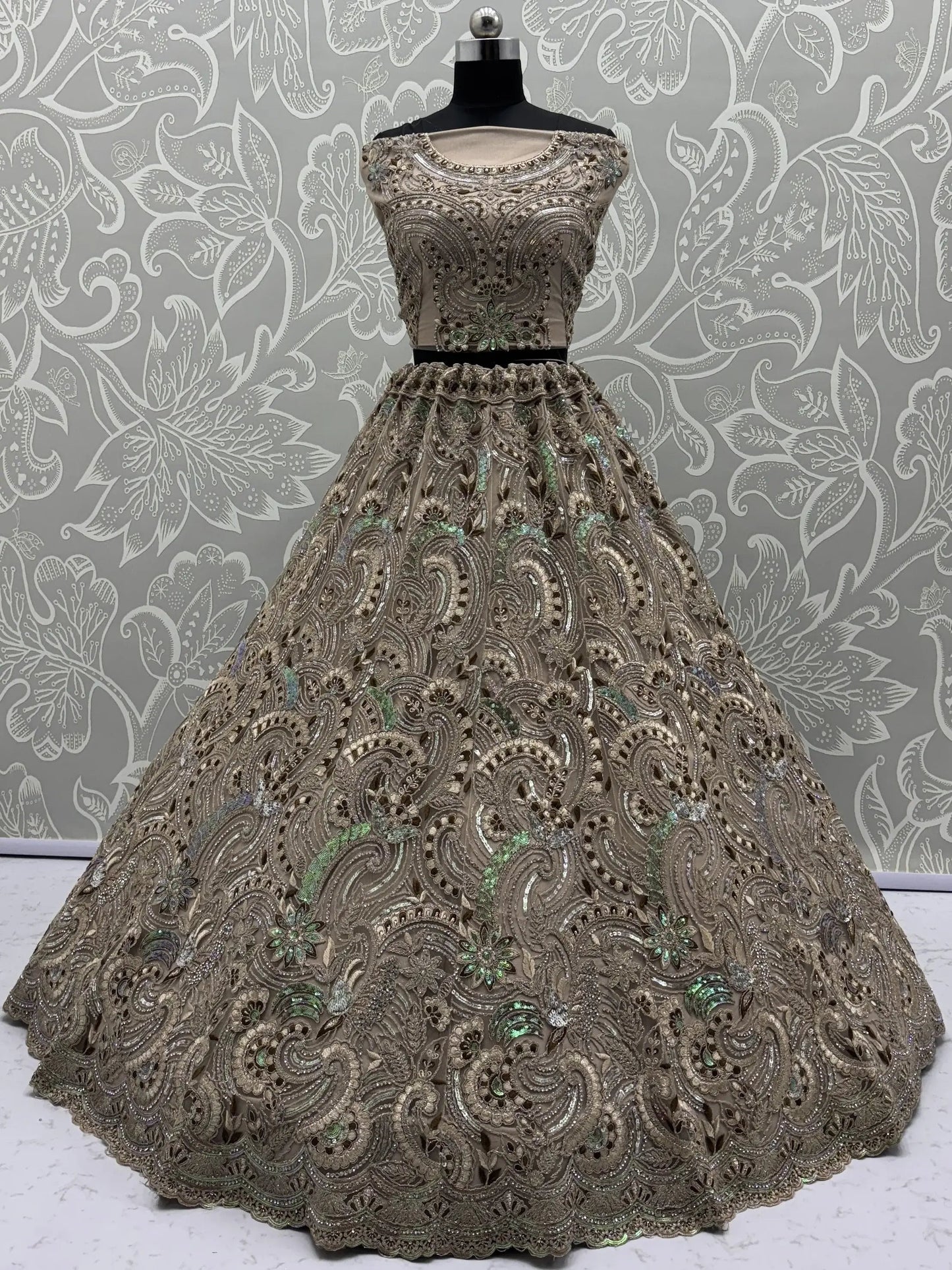 Sweet Beige Zircon Diamond Net Reception Wear Lehenga Choli With Dupatta