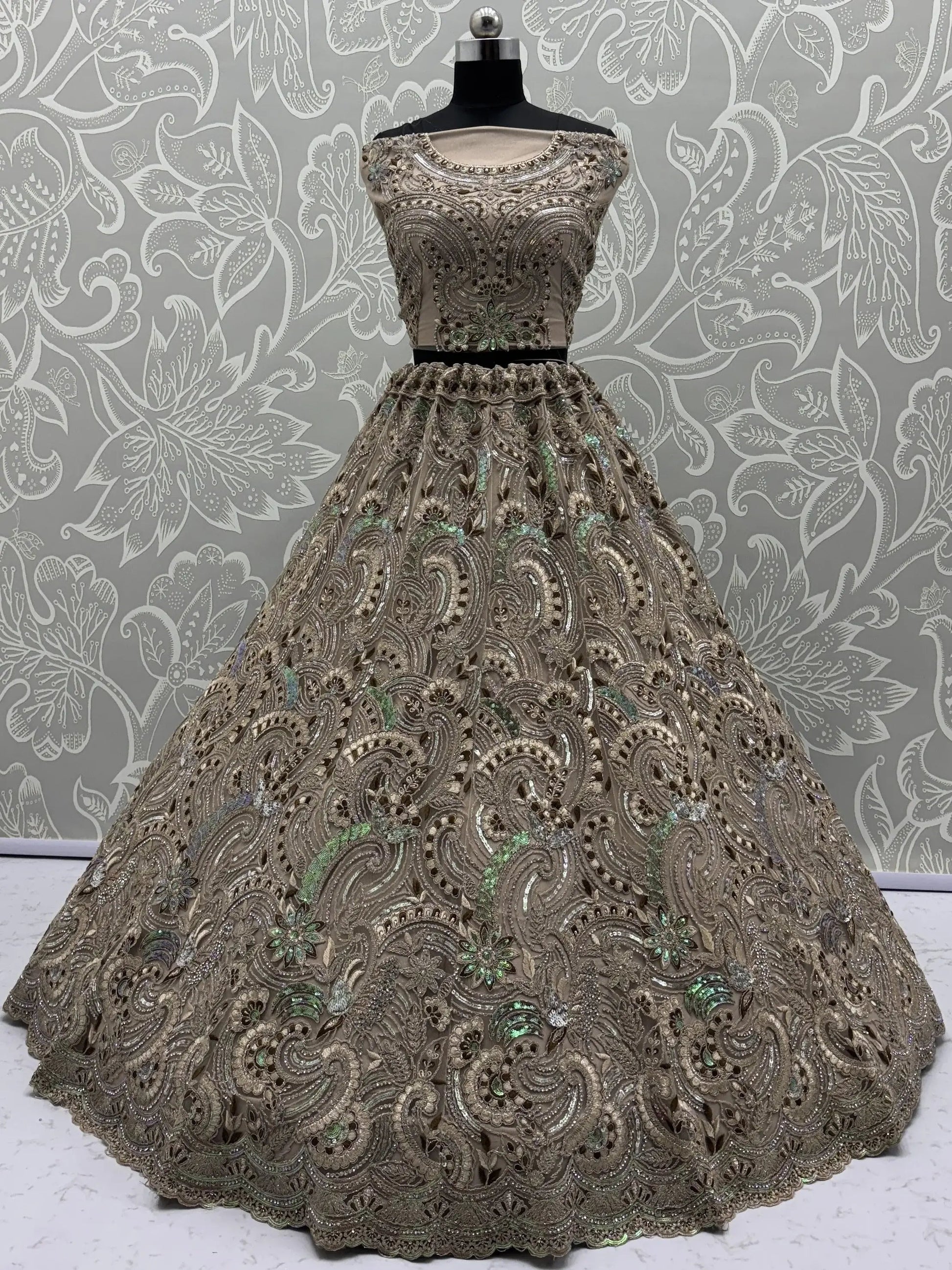 Sweet Beige Zircon Diamond Net Reception Wear Lehenga Choli With Dupatta