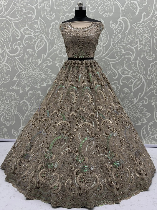 Sweet Beige Zircon Diamond Net Reception Wear Lehenga Choli With Dupatta