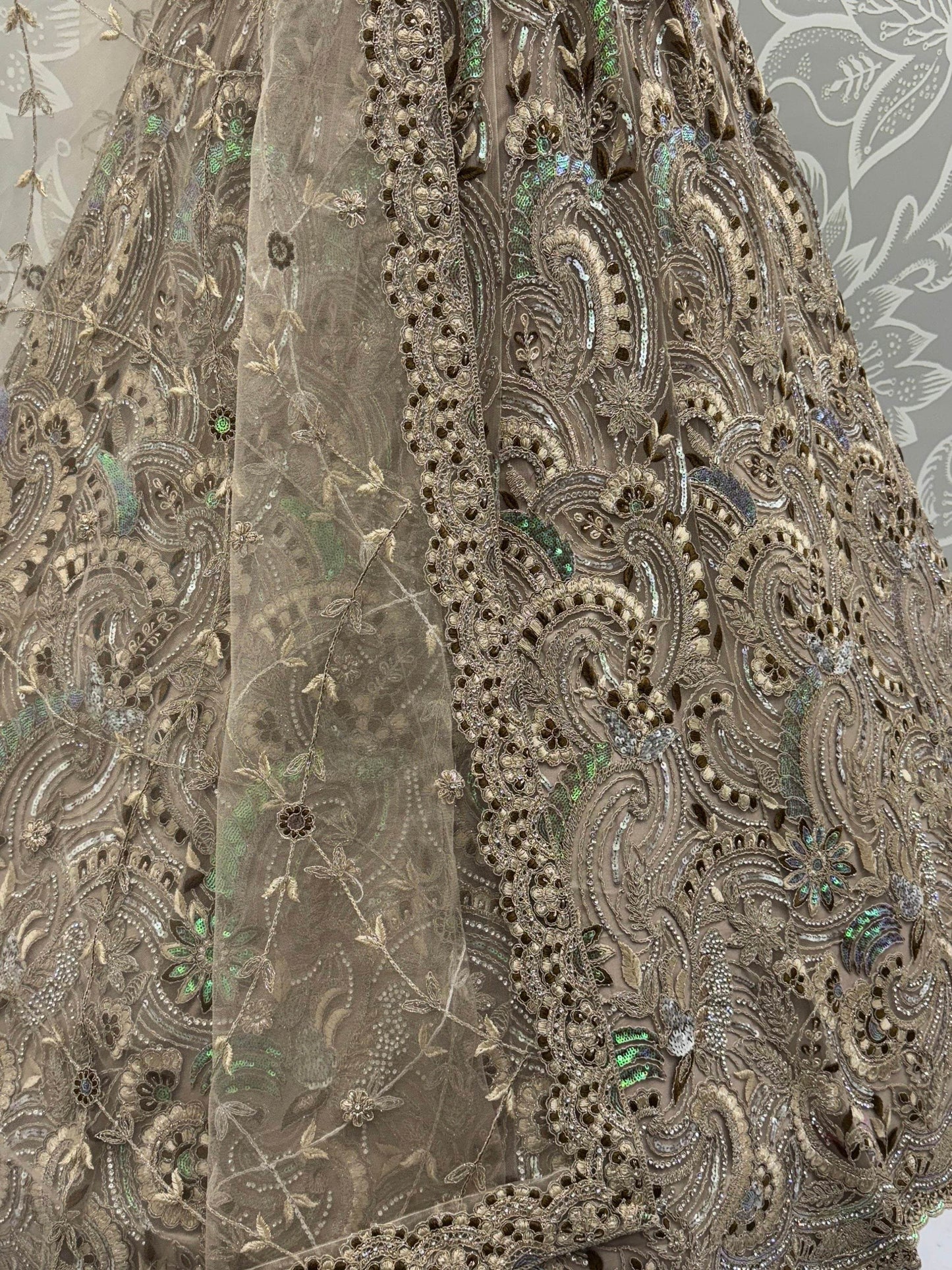 Sweet Beige Zircon Diamond Net Reception Wear Lehenga Choli With Dupatta