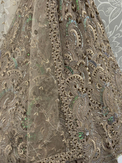 Sweet Beige Zircon Diamond Net Reception Wear Lehenga Choli With Dupatta