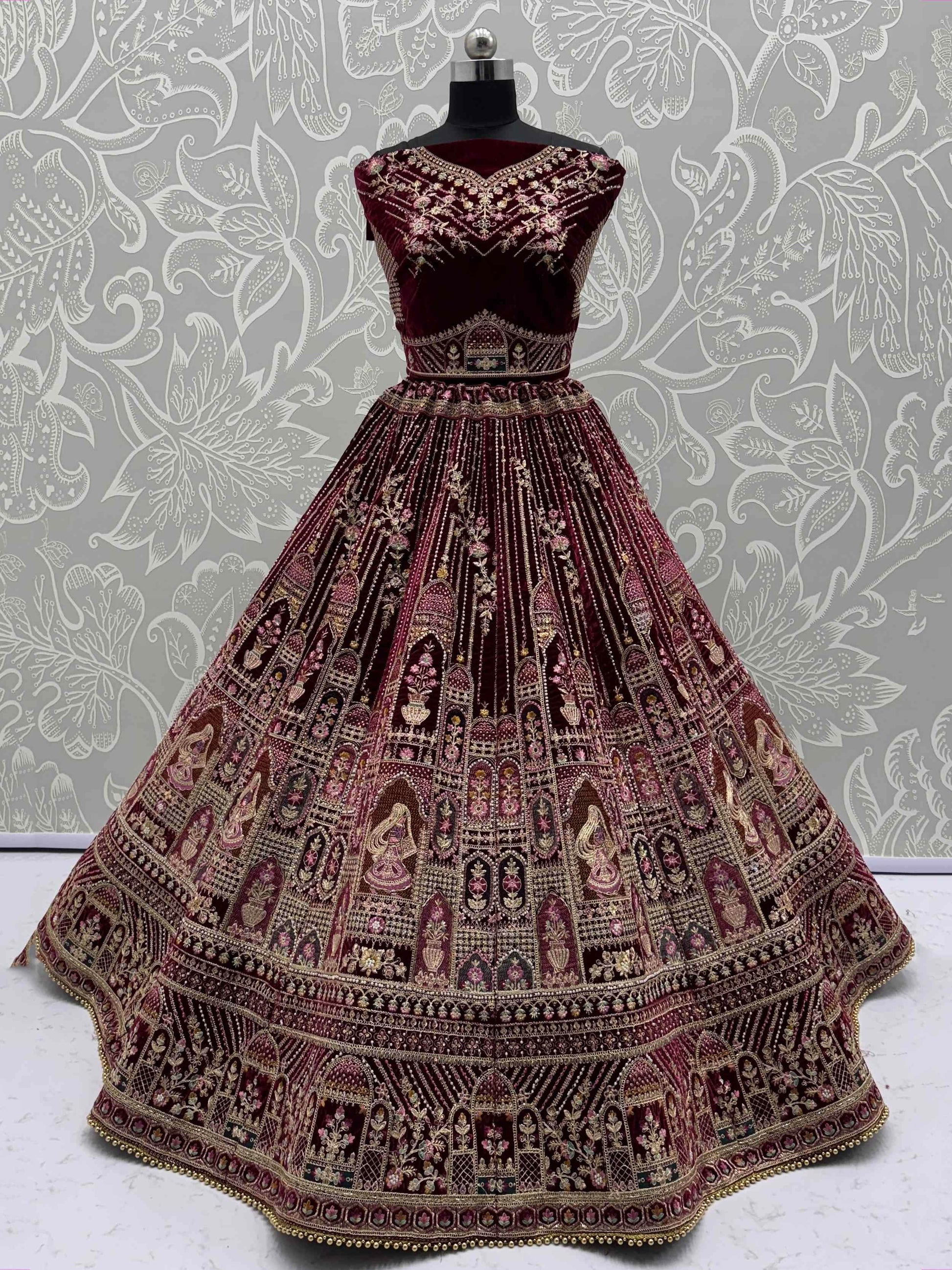 Attractive Maroon Dori Embroidery Velvet Bridal Lehenga Choli With Double Dupatta