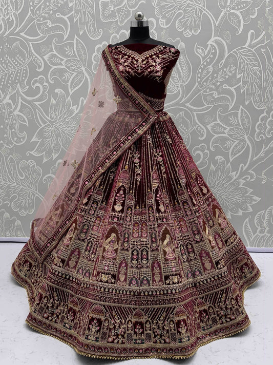 Attractive Maroon Dori Embroidery Velvet Bridal Lehenga Choli With Double Dupatta