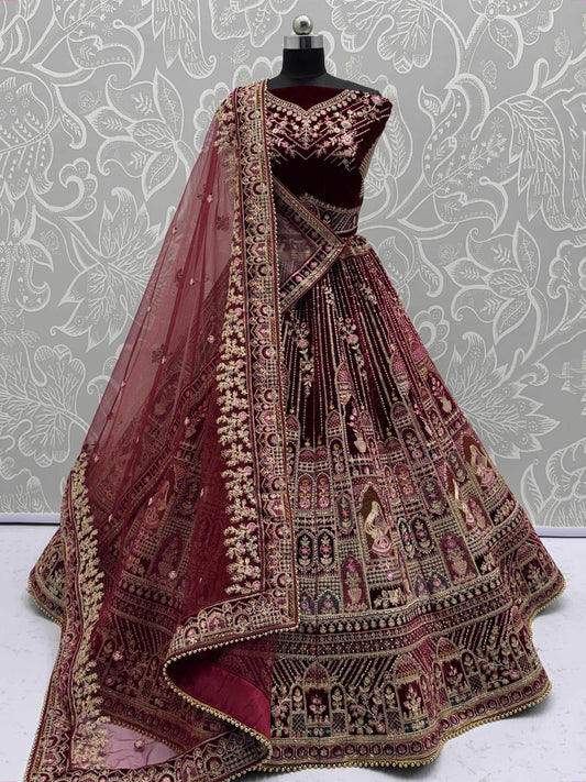 Attractive Maroon Dori Embroidery Velvet Bridal Lehenga Choli With Double Dupatta