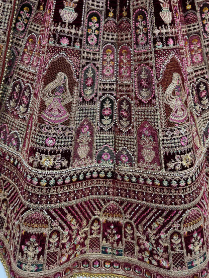 Attractive Maroon Dori Embroidery Velvet Bridal Lehenga Choli With Double Dupatta