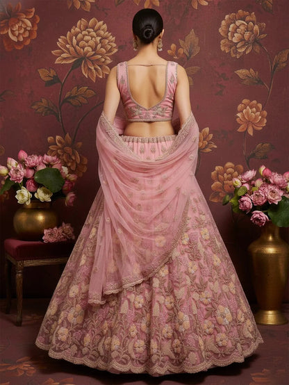 Stupendous Pink Sequins Embroidered Net Engagement Wear Lehenga Choli