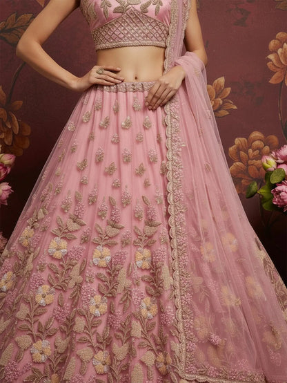Stupendous Pink Sequins Embroidered Net Engagement Wear Lehenga Choli
