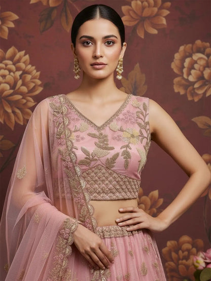 Stupendous Pink Sequins Embroidered Net Engagement Wear Lehenga Choli