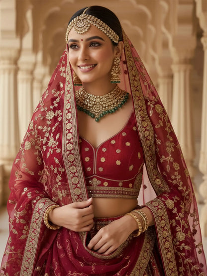 Captivating Red Heavy Embroidered Silk Bridal Wear Lehenga Choli With Double Dupatta