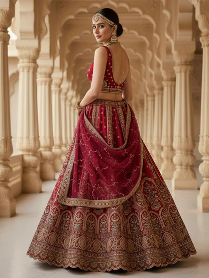 Captivating Red Heavy Embroidered Silk Bridal Wear Lehenga Choli With Double Dupatta
