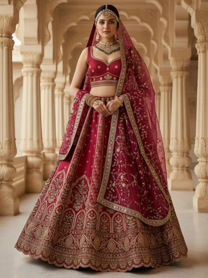 Captivating Red Heavy Embroidered Silk Bridal Wear Lehenga Choli With Double Dupatta