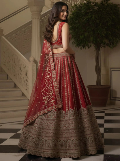 Gorgeous Red Sequins Work Silk Bridal Wear Lehenga Choli With Double Dupatta