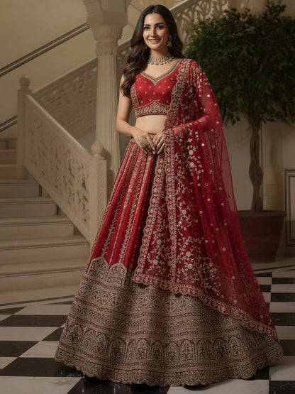 Gorgeous Red Sequins Work Silk Bridal Wear Lehenga Choli With Double Dupatta