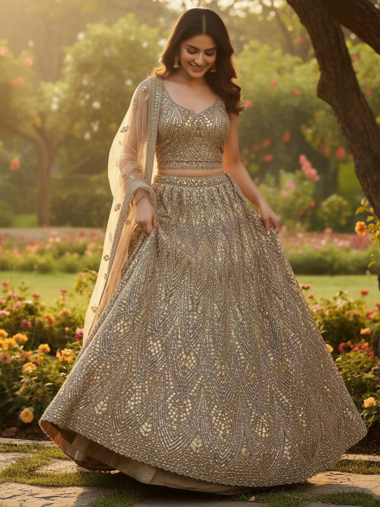 Tremendous Golden Dori Embroidered Net Cocktail Wear Lehenga Choli With Dupatta