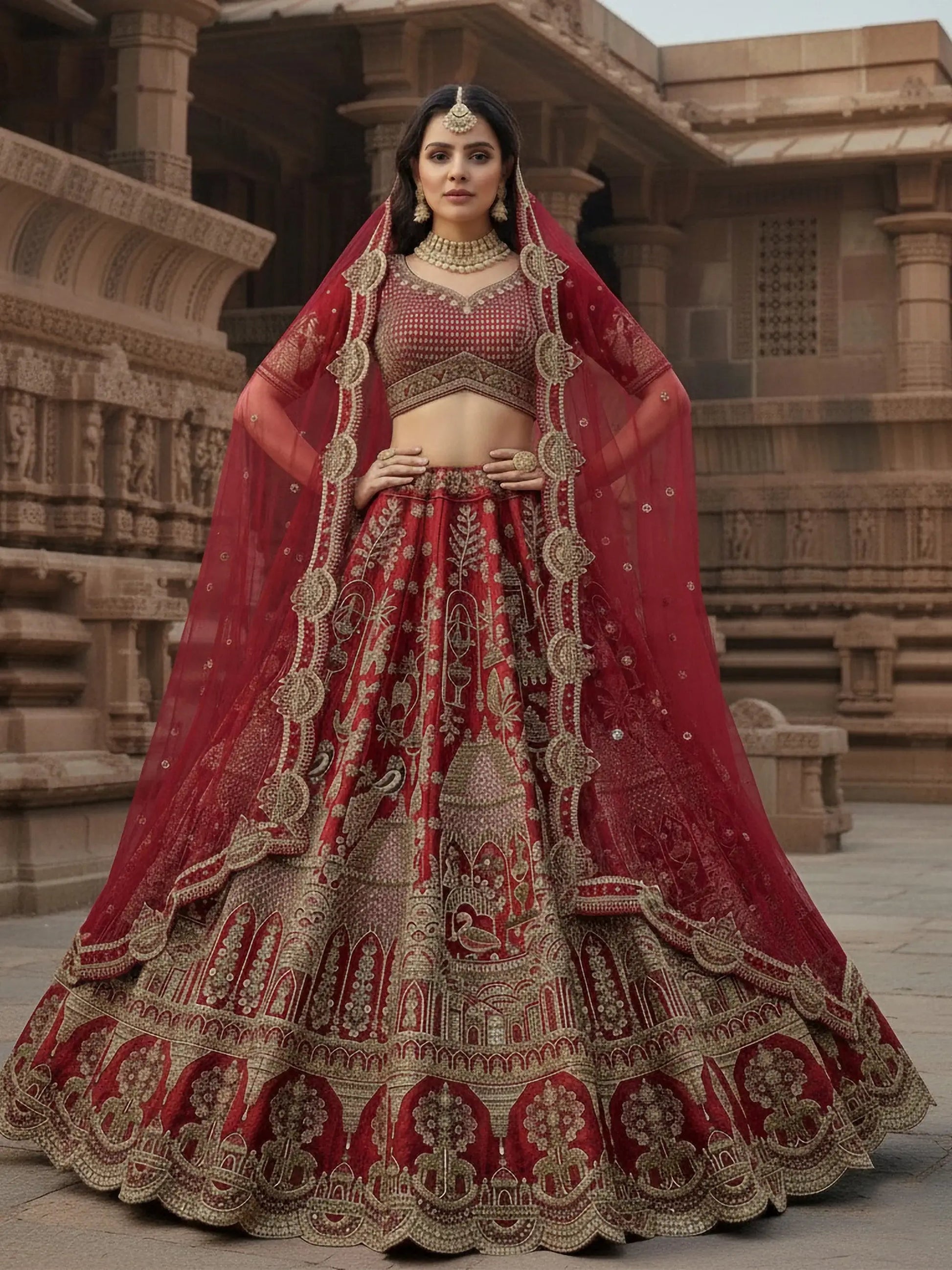 Breathtaking Red Hand Work Silk Bridal Wear Lehenga Choli With Double Dupatta