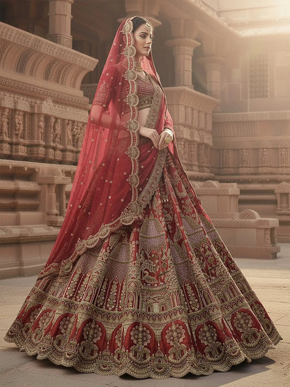Breathtaking Red Hand Work Silk Bridal Wear Lehenga Choli With Double Dupatta