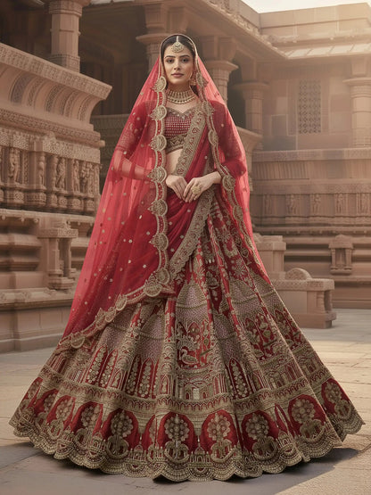 Breathtaking Red Hand Work Silk Bridal Wear Lehenga Choli With Double Dupatta