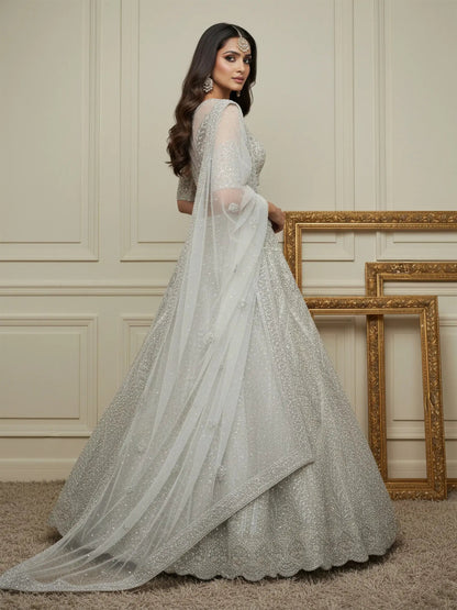 Notable White Embroidered Net Function Wear Lehenga Choli With Dupatta