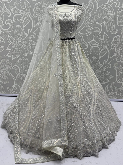 Notable White Embroidered Net Function Wear Lehenga Choli With Dupatta