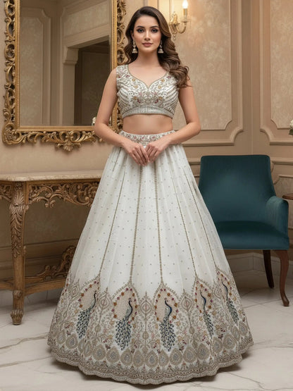 Classy White Dori Embroidery Silk Marriage Wear Lehenga With Blouse
