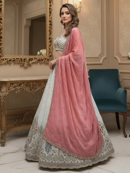 Classy White Dori Embroidery Silk Marriage Wear Lehenga With Blouse