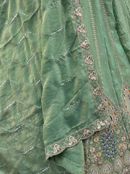 Regal Green Zircon Work Silk Mehendi Wear Lehenga Choli With Dupatta