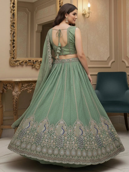 Regal Green Zircon Work Silk Mehendi Wear Lehenga Choli With Dupatta