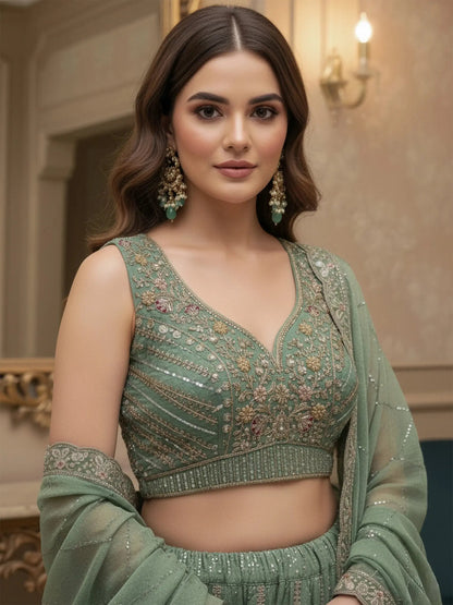 Regal Green Zircon Work Silk Mehendi Wear Lehenga Choli With Dupatta