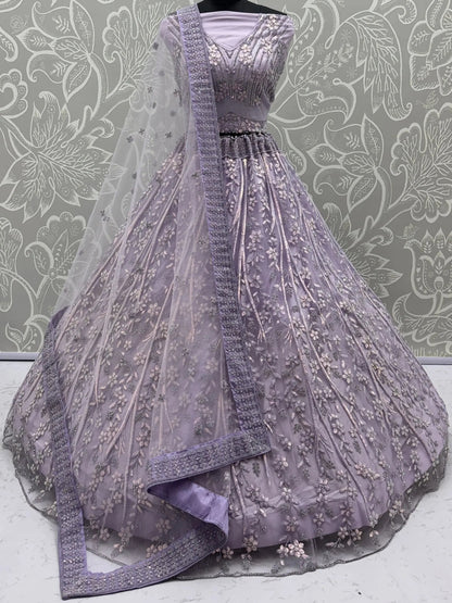 Fantastic Lilac Sequins Net Wedding Wear Lehenga Choli With Dupatta