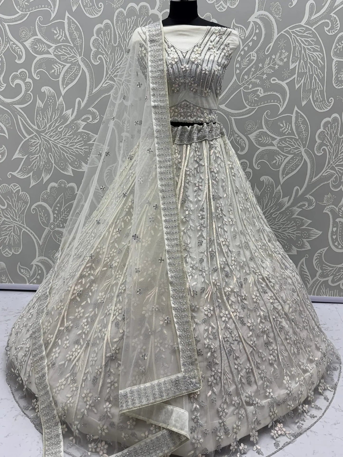 Grand White Dori Embroidery Net Designer Lehenga Choli With Dupatta