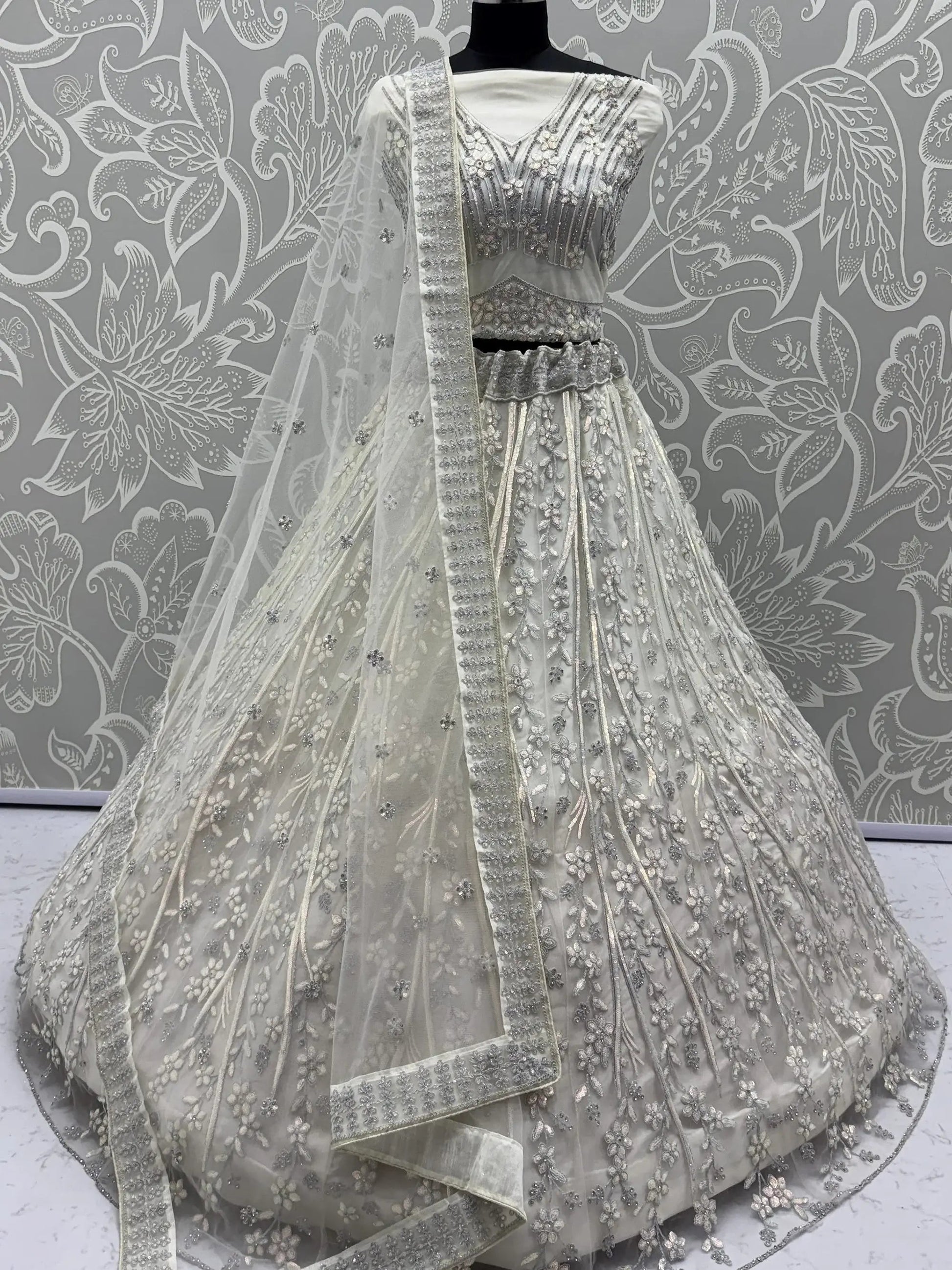 Grand White Dori Embroidery Net Designer Lehenga Choli With Dupatta