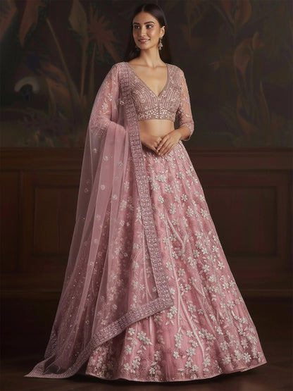 Lovable Pink Heavy Embroidered Net Engagement Wear Lehenga With Blouse