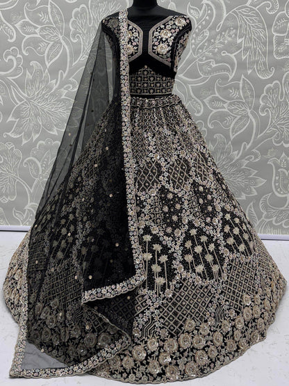 Stupendous Black Thread Embroidered Net Party Wear Lehenga Choli With Dupatta