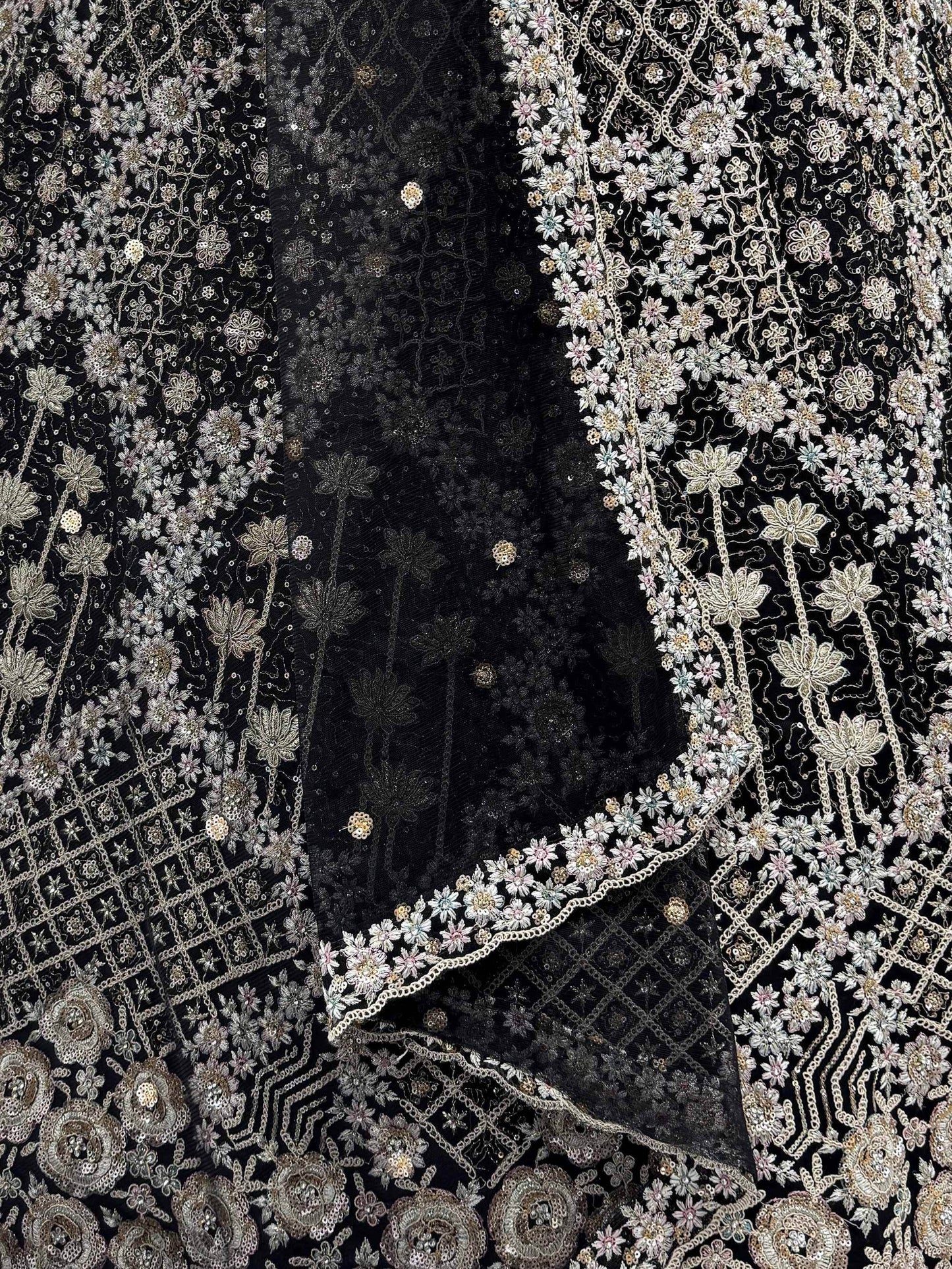 Stupendous Black Thread Embroidered Net Party Wear Lehenga Choli With Dupatta