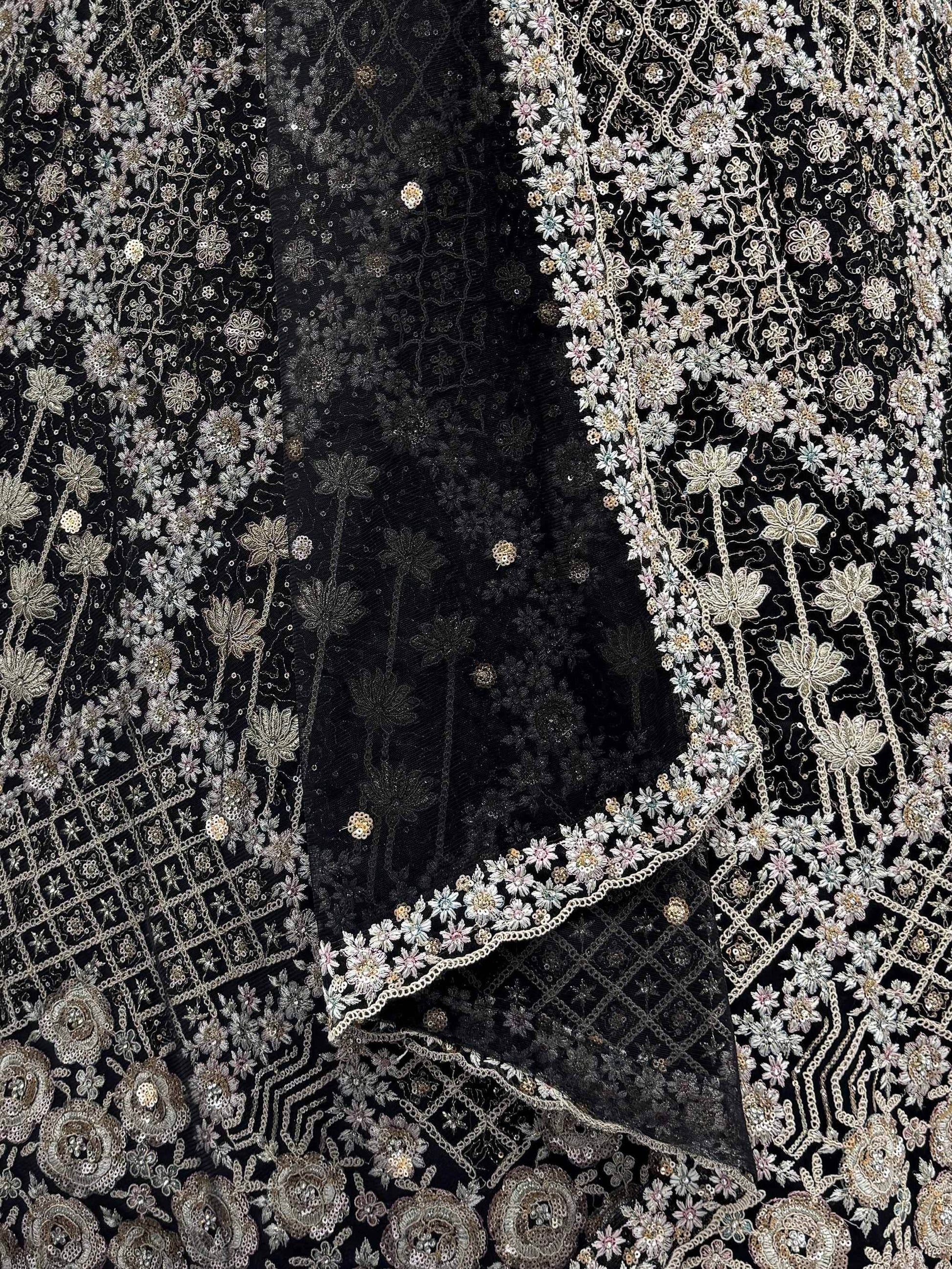 Stupendous Black Thread Embroidered Net Party Wear Lehenga Choli With Dupatta