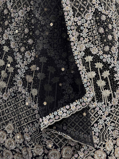 Stupendous Black Thread Embroidered Net Party Wear Lehenga Choli With Dupatta
