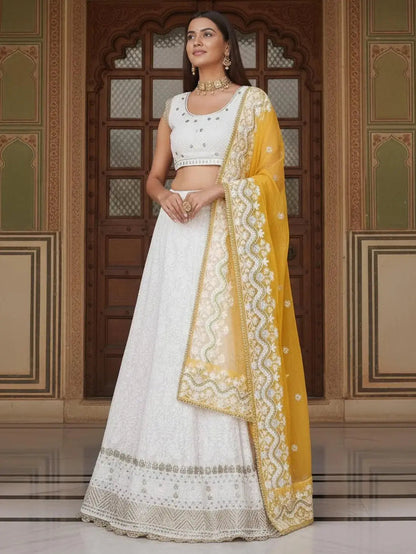 Stylish White Sequins Georgette Designer Lehenga With Blouse