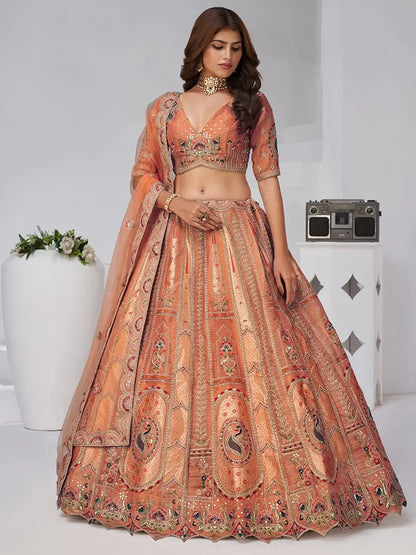 Elegant Rust Orange Embroidered Banarasi Silk Traditional Lehenga Choli