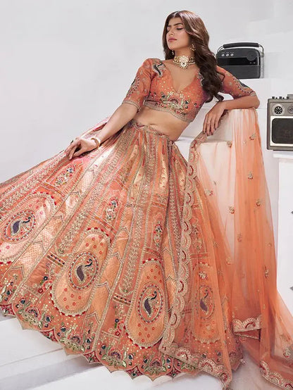 Elegant Rust Orange Embroidered Banarasi Silk Traditional Lehenga Choli